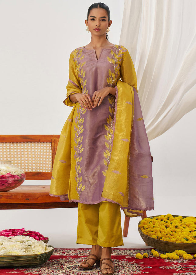 Lavender and Mustard Yellow Embroidered Pant Suit