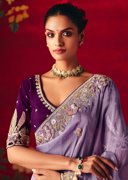 Lavender and Purple Embroidered Festive Saree