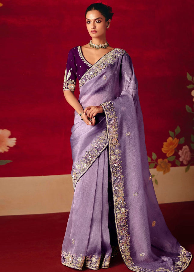 Lavender and Purple Embroidered Festive Saree