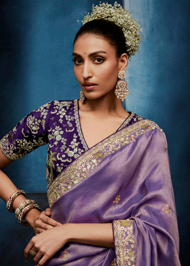 Lavender and Purple Embroidered Festive Saree
