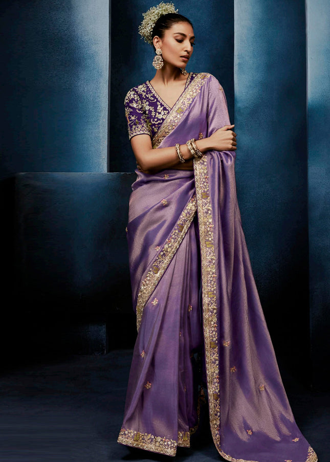 Lavender and Purple Embroidered Festive Saree