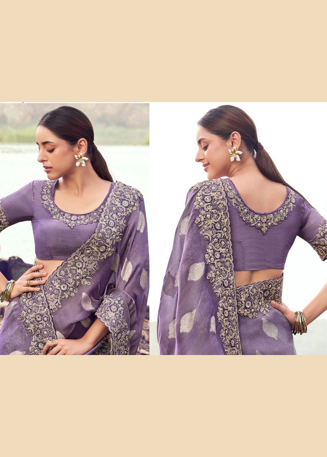 Lavender Embroidered Wedding Saree