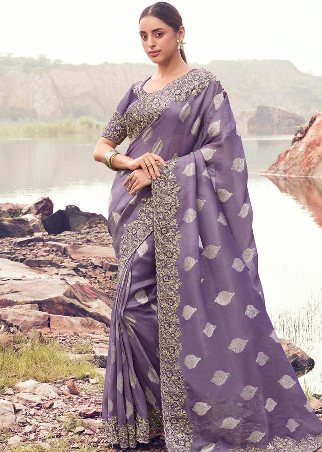 Lavender Embroidered Wedding Saree