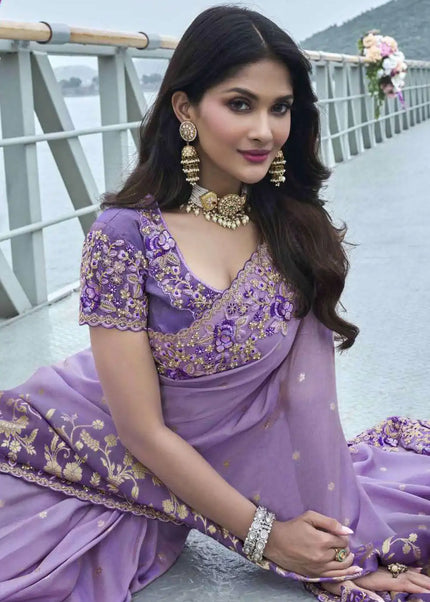 Lavender Embroidered Wedding Saree