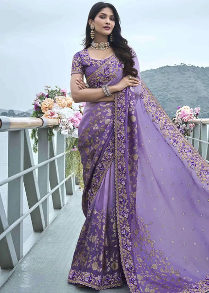 Lavender Embroidered Wedding Saree