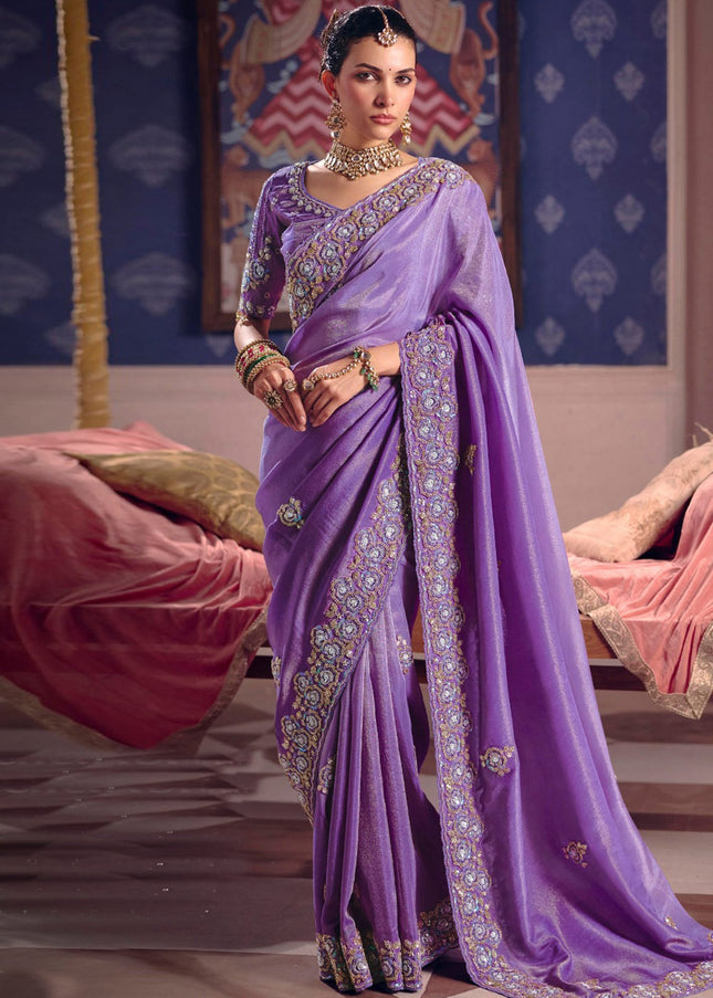 Lavender Embroidered Wedding Saree