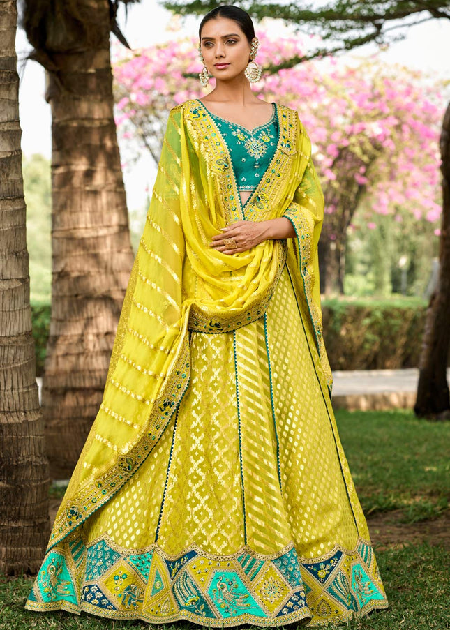 Yellow Multicolor Banarsi Silk Wedding Lehenga Choli
