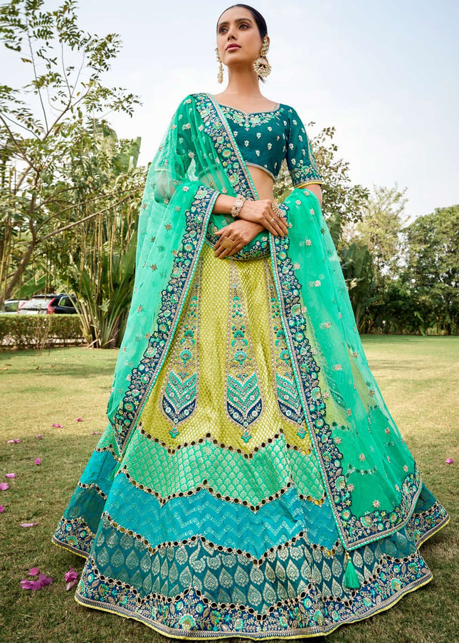 Teal Multicolor Banarsi Silk Wedding Lehenga Choli