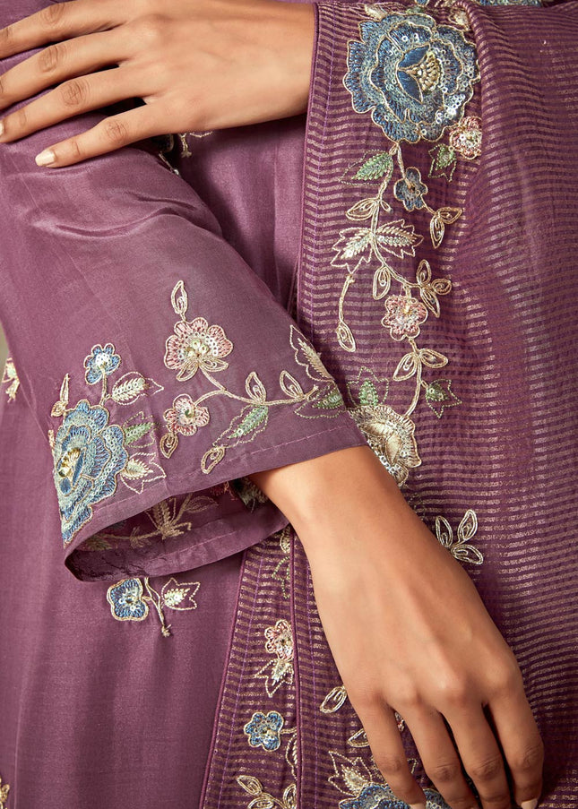 Purple Embroidered Pant Style Suit