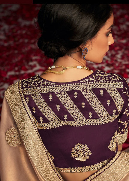 Peach and Purple Embroidered Wedding Saree