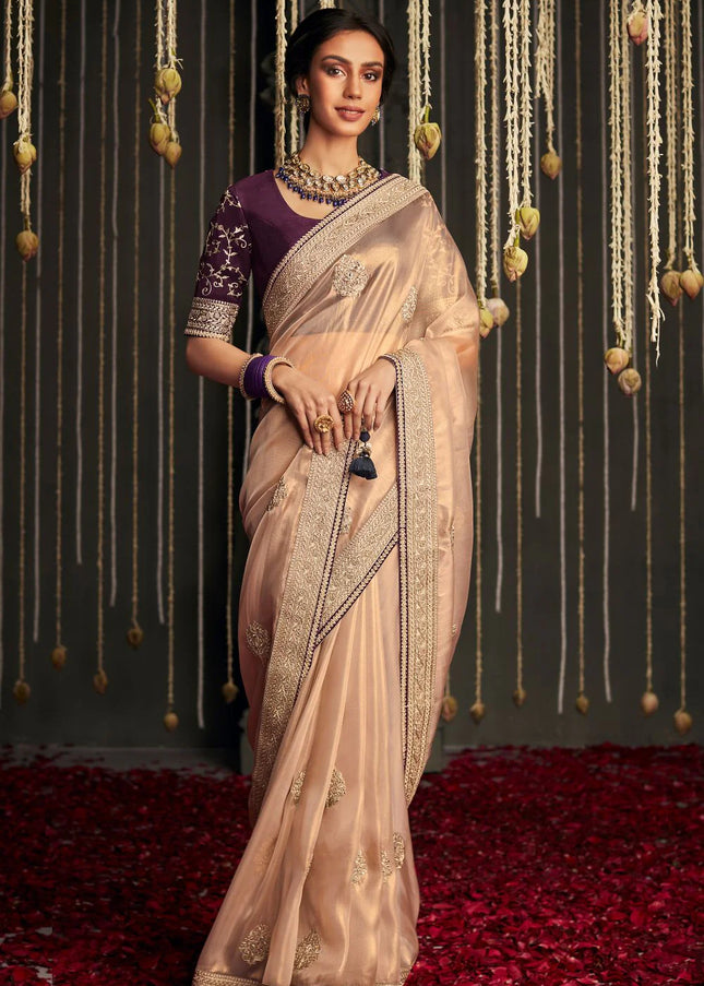 Peach and Purple Embroidered Wedding Saree