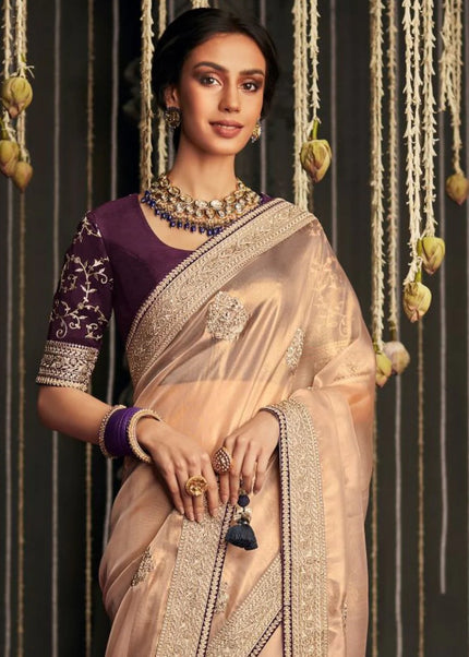 Peach and Purple Embroidered Wedding Saree