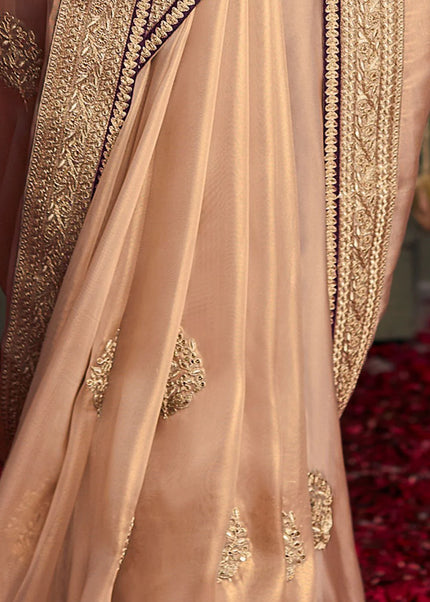 Peach and Purple Embroidered Wedding Saree