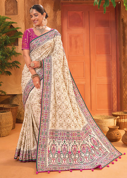 Cream Banarasi Silk Embroidered Saree