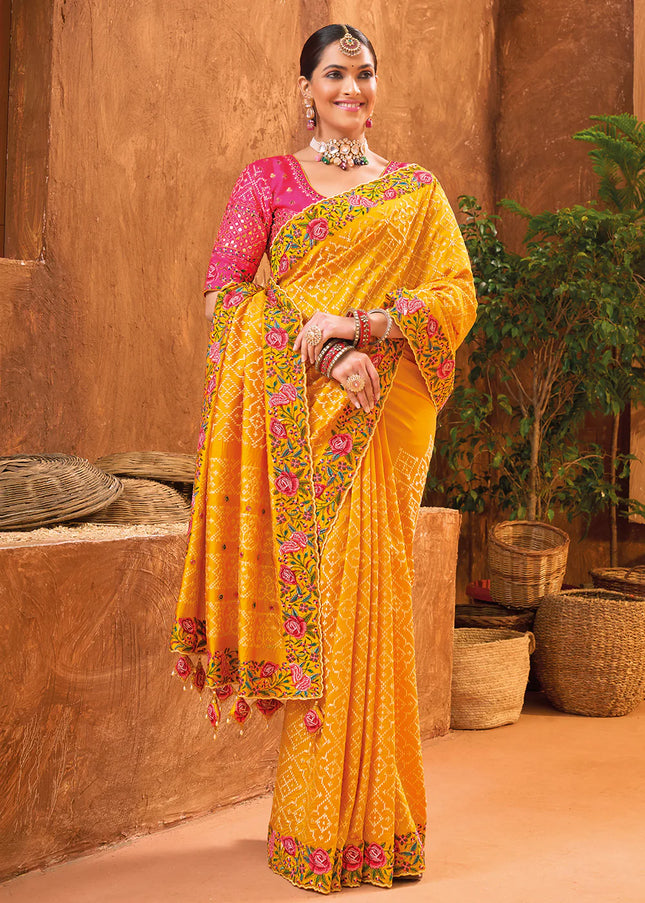 Mustard Banarasi Silk Embroidered Saree