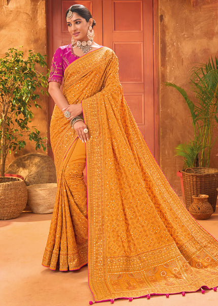 Yellow Banarasi Silk Embroidered Saree