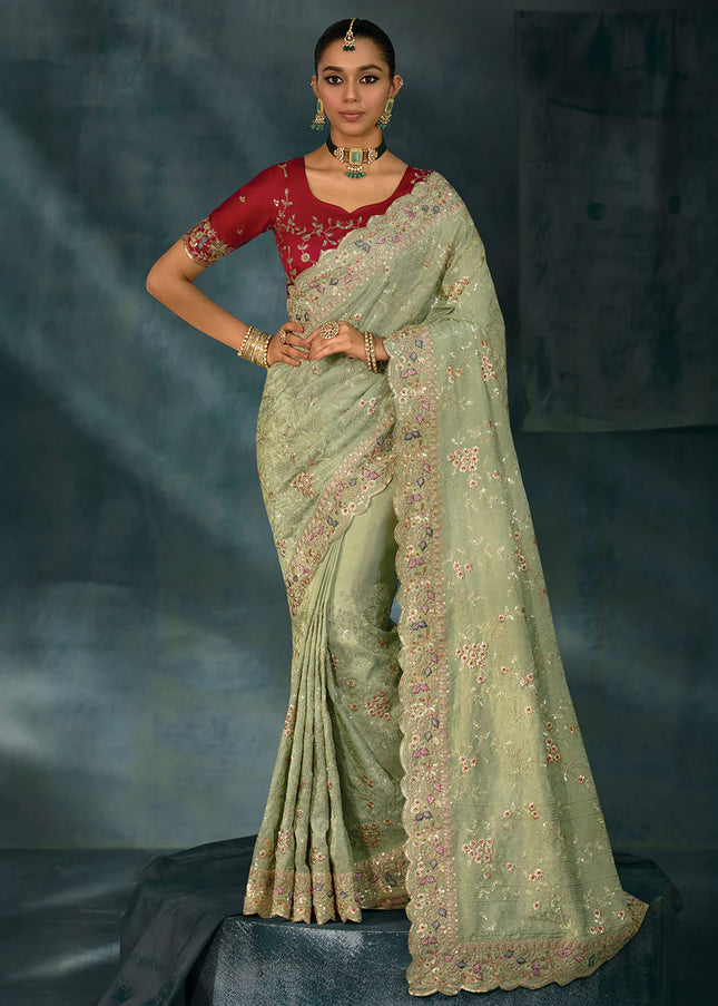 Sea Green and Red Embroidered Saree