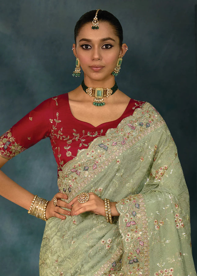 Sea Green and Red Embroidered Saree