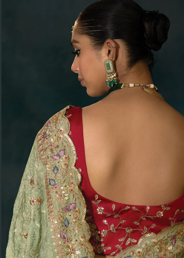 Sea Green and Red Embroidered Saree