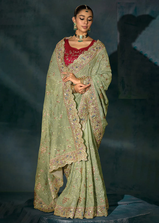Sea Green and Red Embroidered Saree