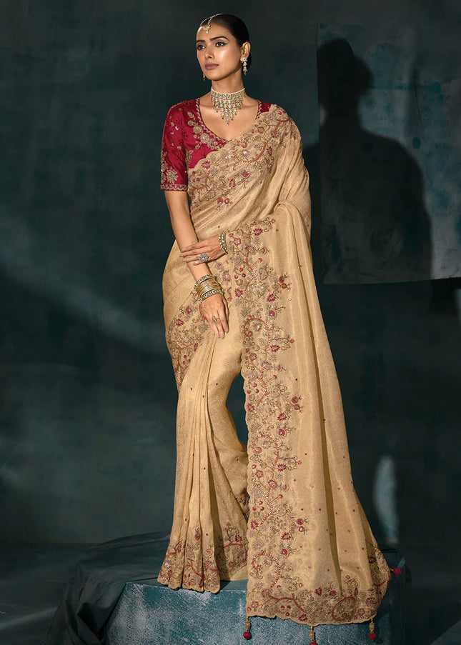 Cream and Red Embroidered Saree