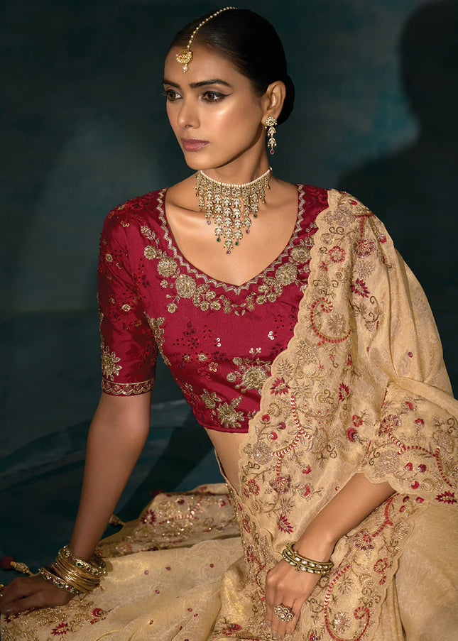 Cream and Red Embroidered Saree