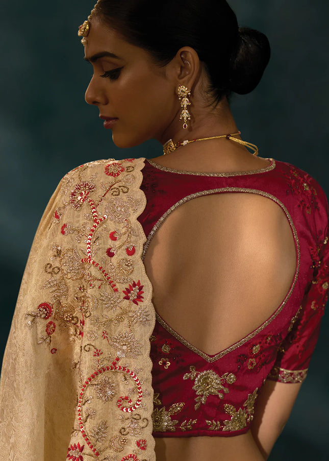 Cream and Red Embroidered Saree