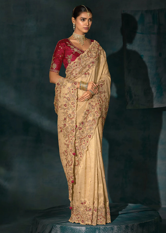 Cream and Red Embroidered Saree