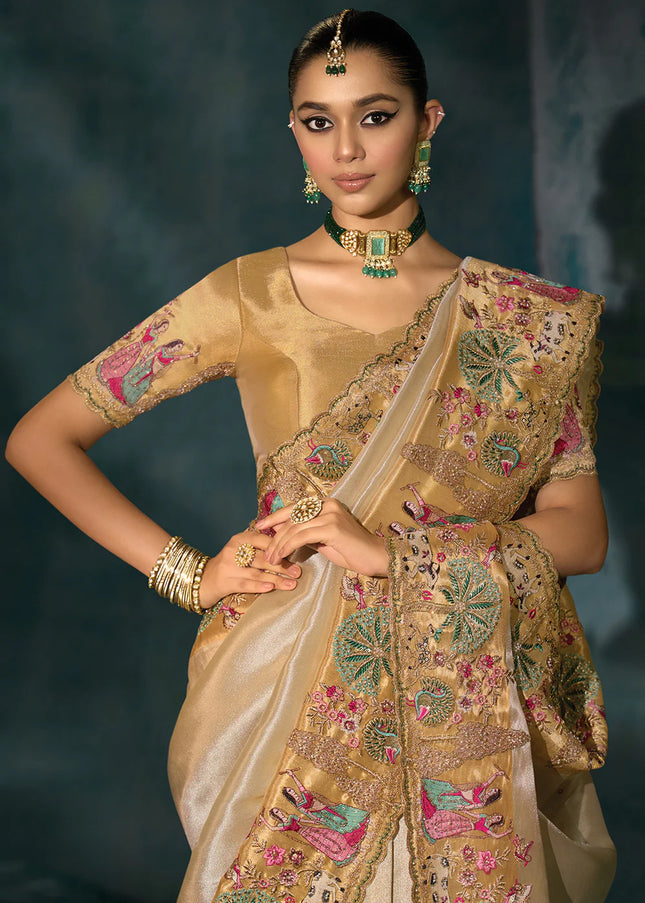 Cream and Beige Embroidered Saree
