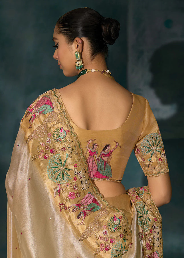 Cream and Beige Embroidered Saree
