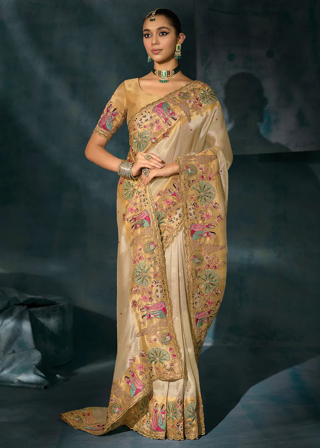 Cream and Beige Embroidered Saree