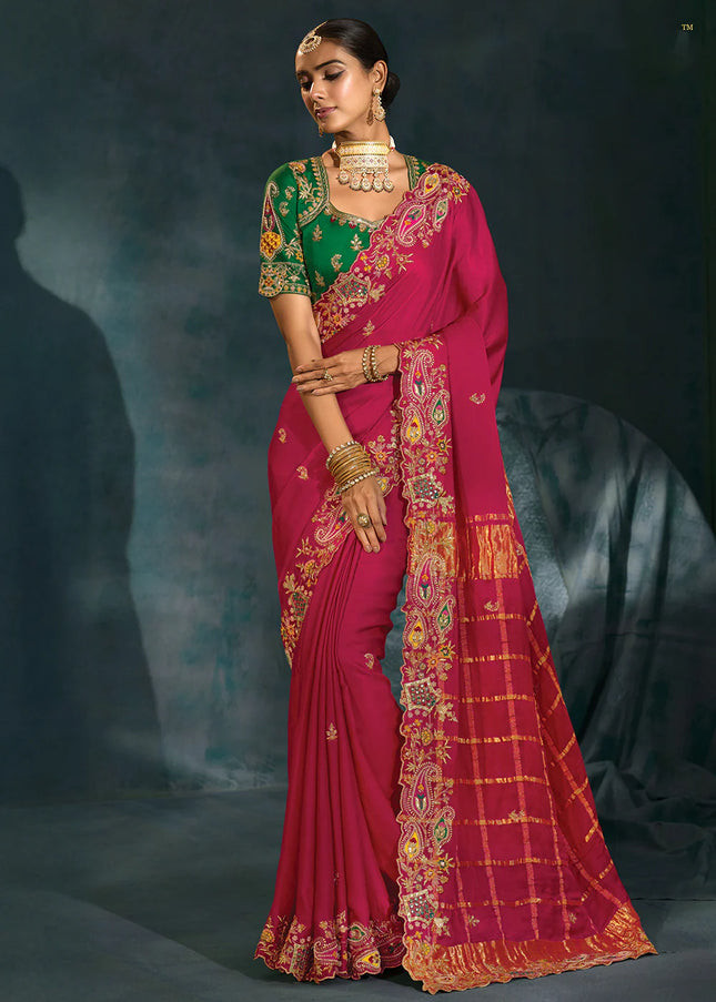 Pink and Green Embroidered Saree