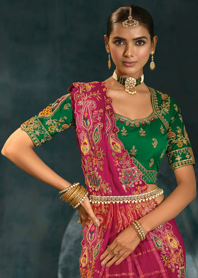 Pink and Green Embroidered Saree