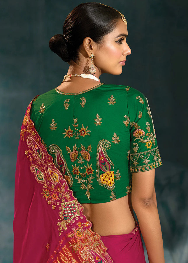 Pink and Green Embroidered Saree