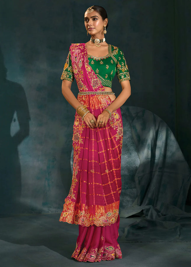Pink and Green Embroidered Saree