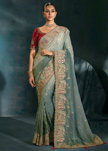 Grey and Red Embroidered Saree