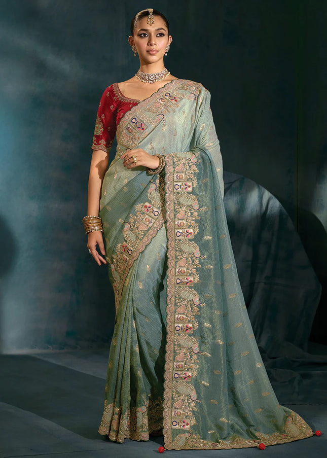 Grey and Red Embroidered Saree