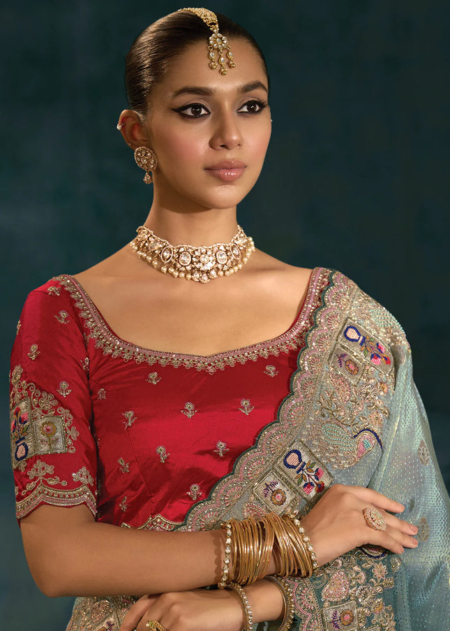 Grey and Red Embroidered Saree