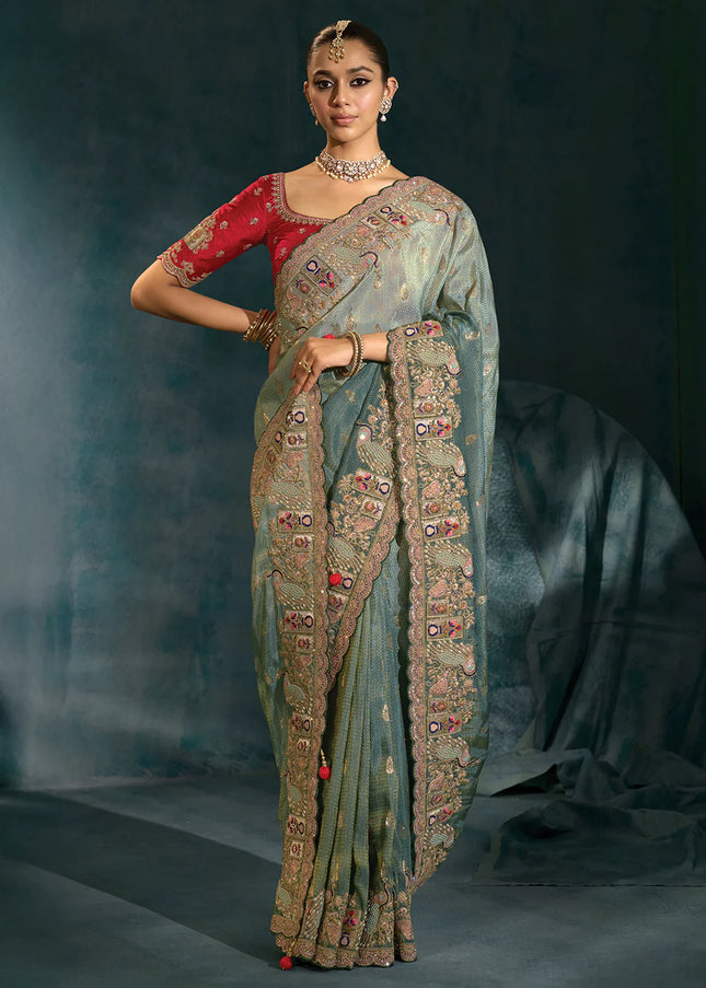 Grey and Red Embroidered Saree