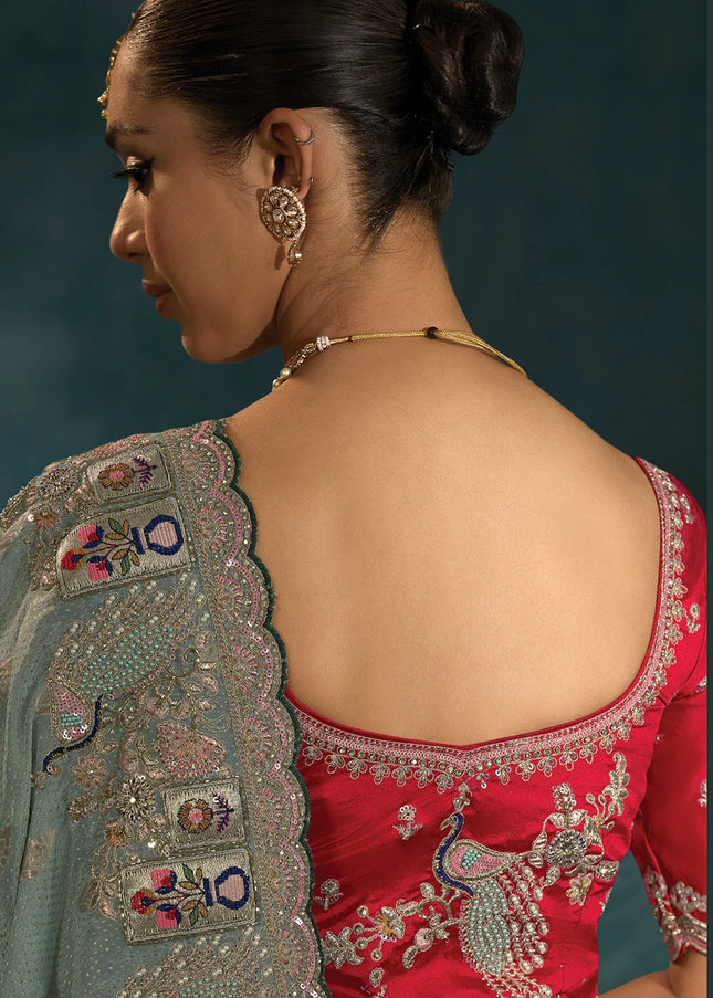 Grey and Red Embroidered Saree