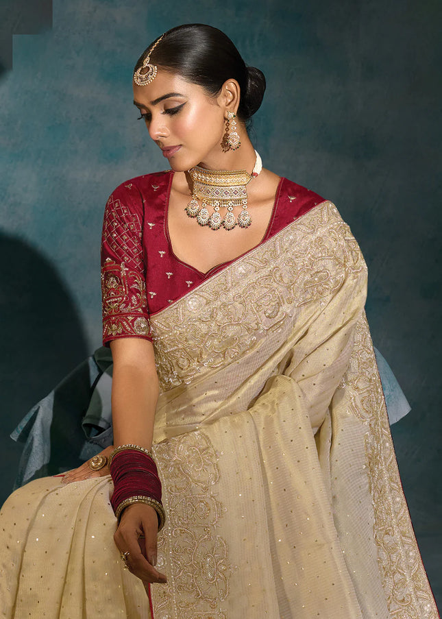 Cream and Maroon Embroidered Saree