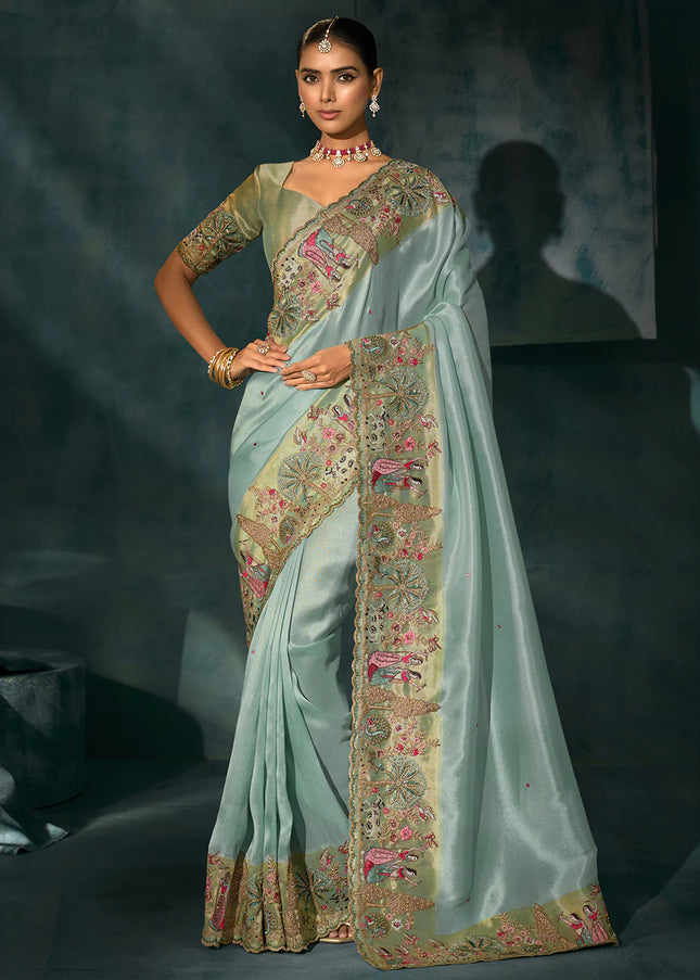 Sky Blue and Green Embroidered Saree