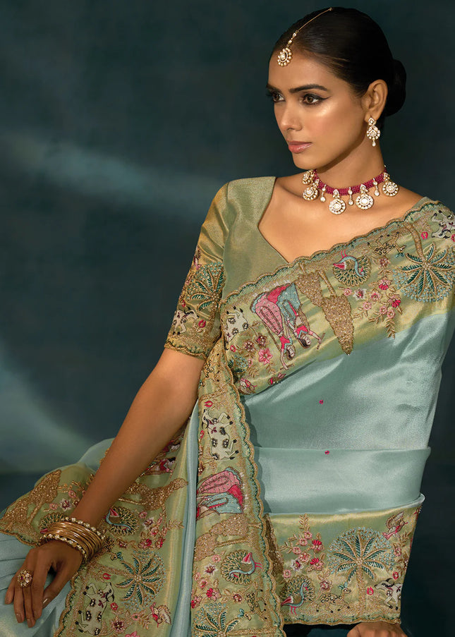 Sky Blue and Green Embroidered Saree