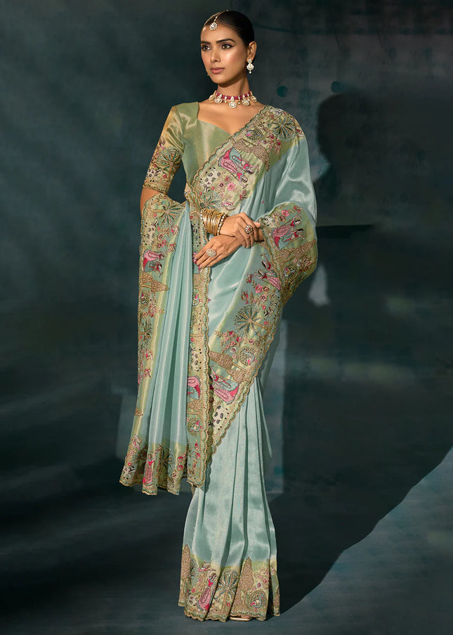 Sky Blue and Green Embroidered Saree