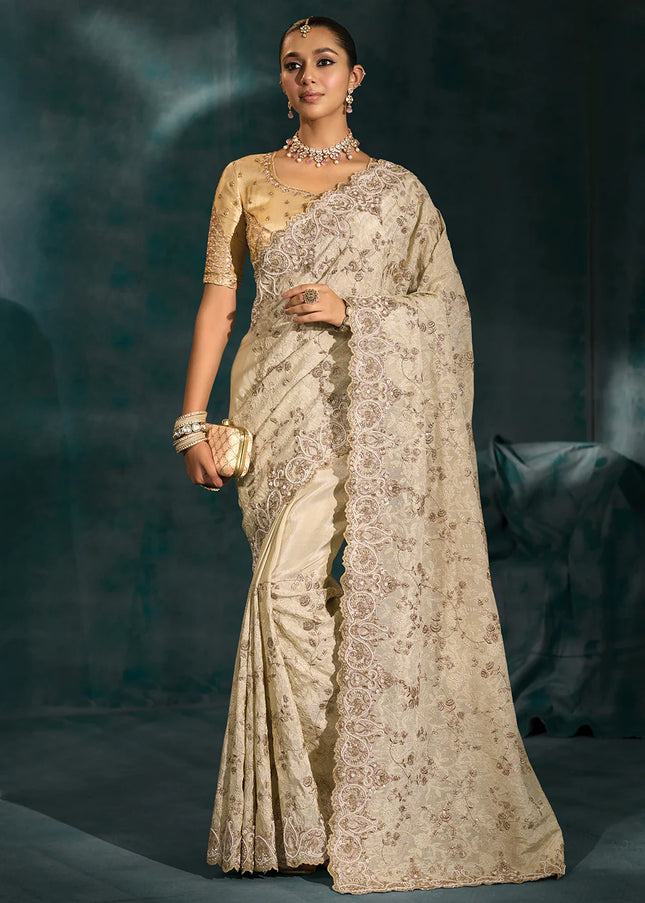 Cream and Gold Embroidered Saree