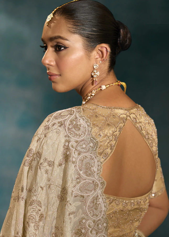 Cream and Gold Embroidered Saree