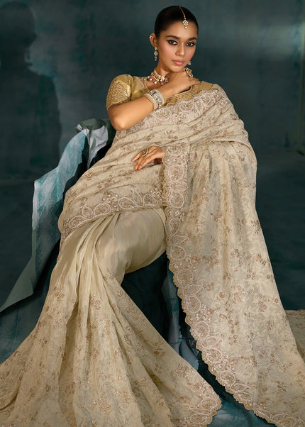 Cream and Gold Embroidered Saree