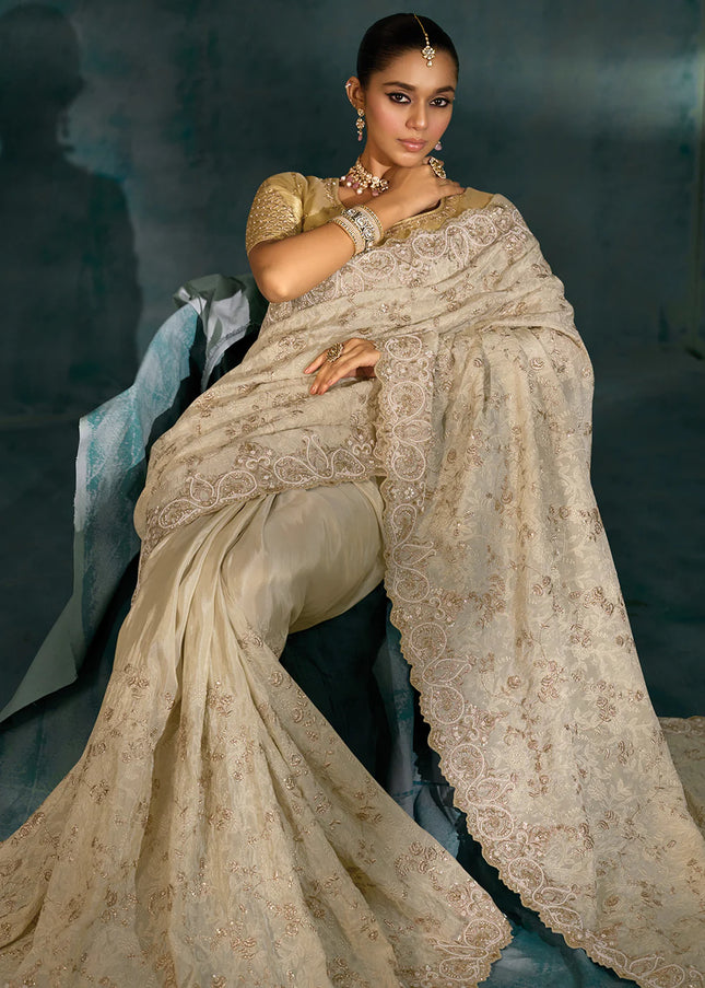 Cream and Gold Embroidered Saree