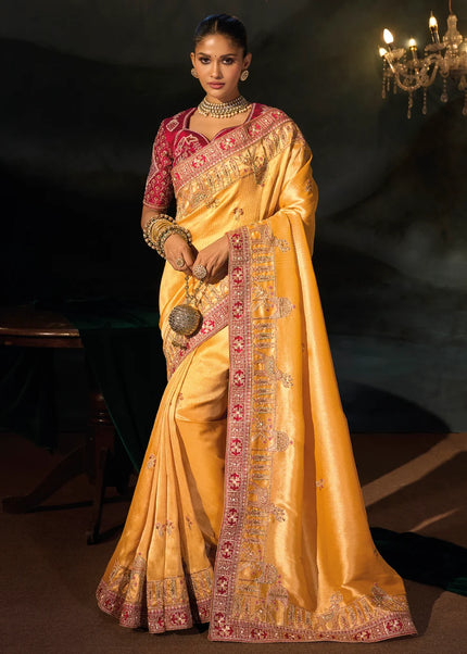 Mustard Yellow and Red Embroidered Saree