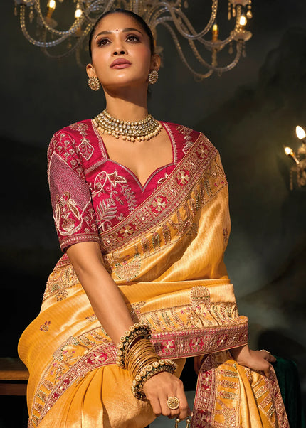Mustard Yellow and Red Embroidered Saree